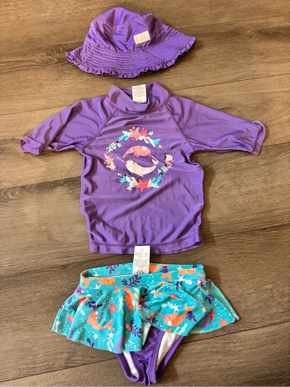 Purple Kids Mermaid Rash Guard Swim Set with Aqua Skirted Bottom